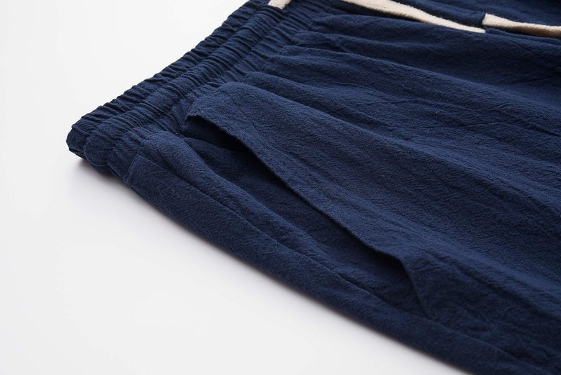 SIR7 Men's Linen Casual Classic Fit 11 Inch Inseam Elastic Waist Shorts with Drawstring Navy Medium - Image 4